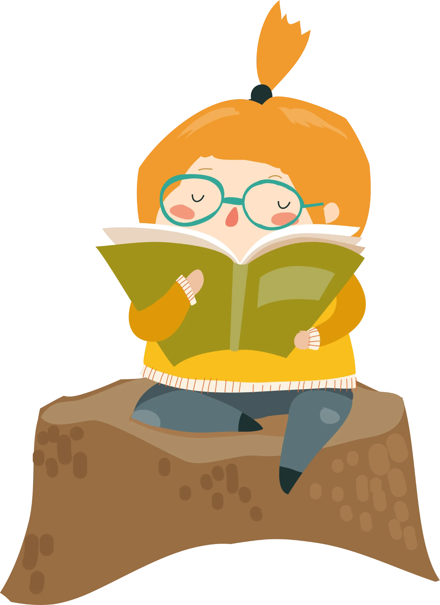A child sitting on a tree stump reading a book